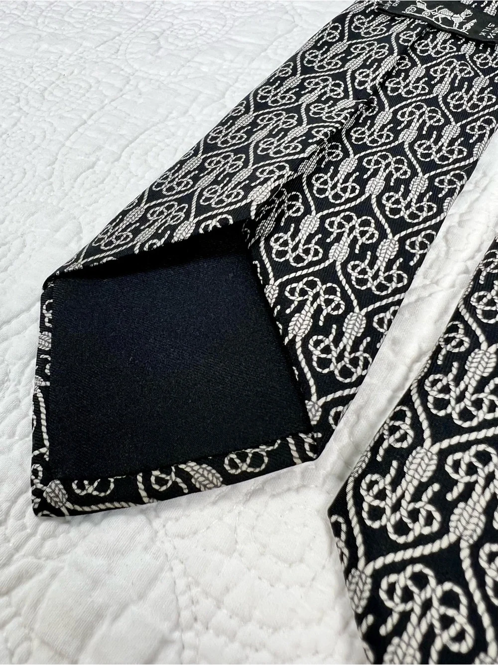 Vintage Hermes Silk Tie 694 OA Black White Equestrian Rope Knot Motif France
